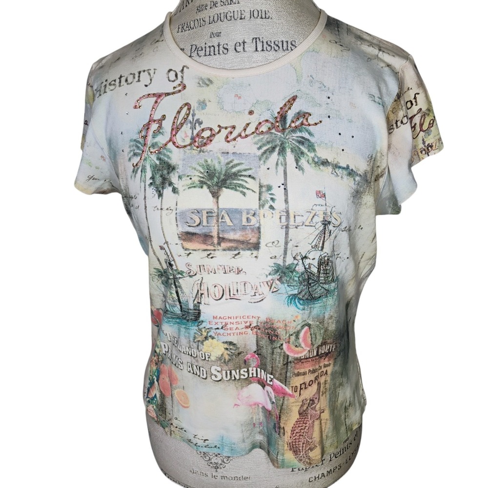 Cactus Florida Baby Tee Womens Large Y2K Sequins Summer Pirate Gator Casual